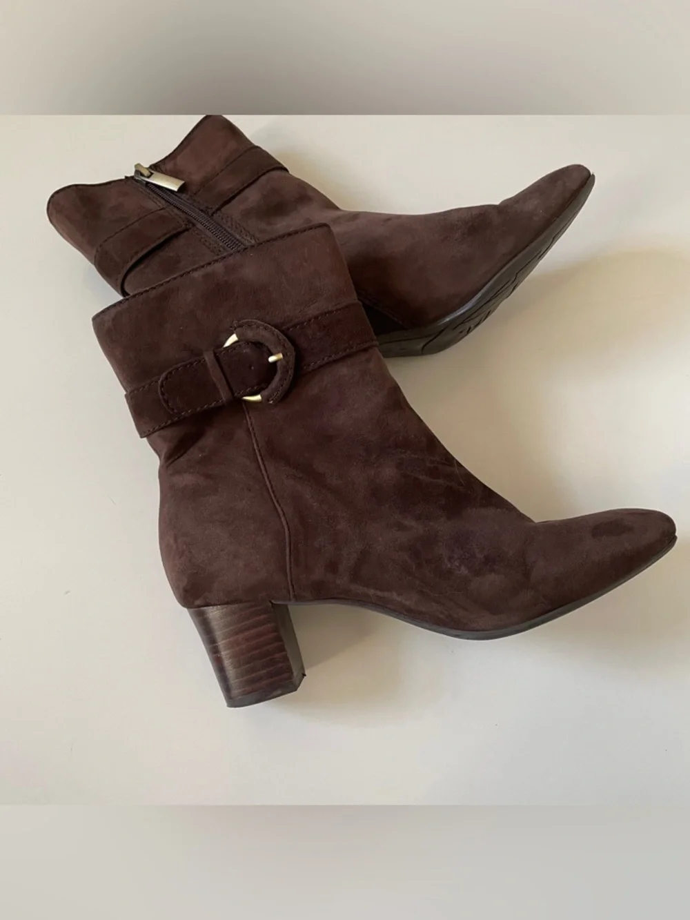 Bandolino Brown Suede Heeled Boots, Size 6 Leather Upper with Gold Accents - Picture 4 of 10